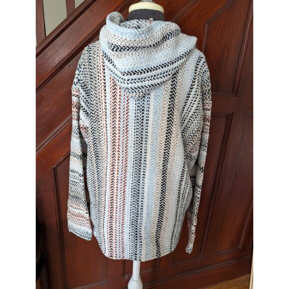 Striped Baja Hoodie Poncho XL Unisex Woven Pullover Front Pocket Made in Mexico - Picture 7 of 11